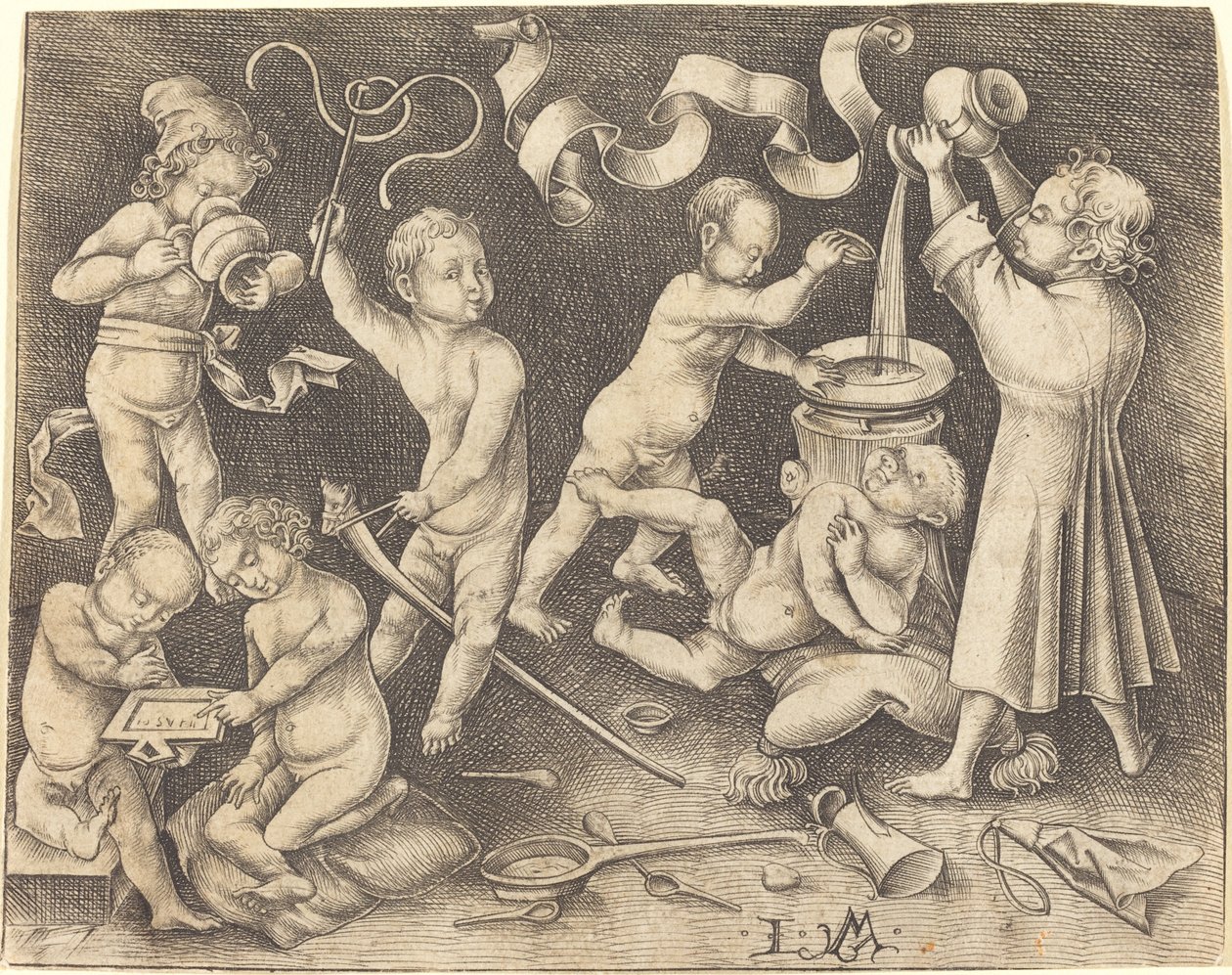 Seitsemän lasta leikkimässä, n. 1490. tekijältä Israhel van Meckenem
