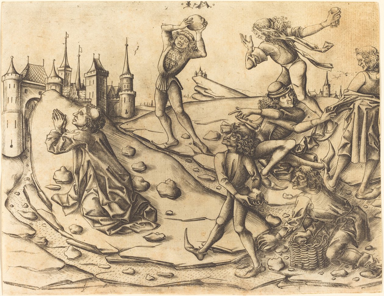 Pyhän Stefanoksen kivittäminen, n. 1470. tekijältä Israhel van Meckenem