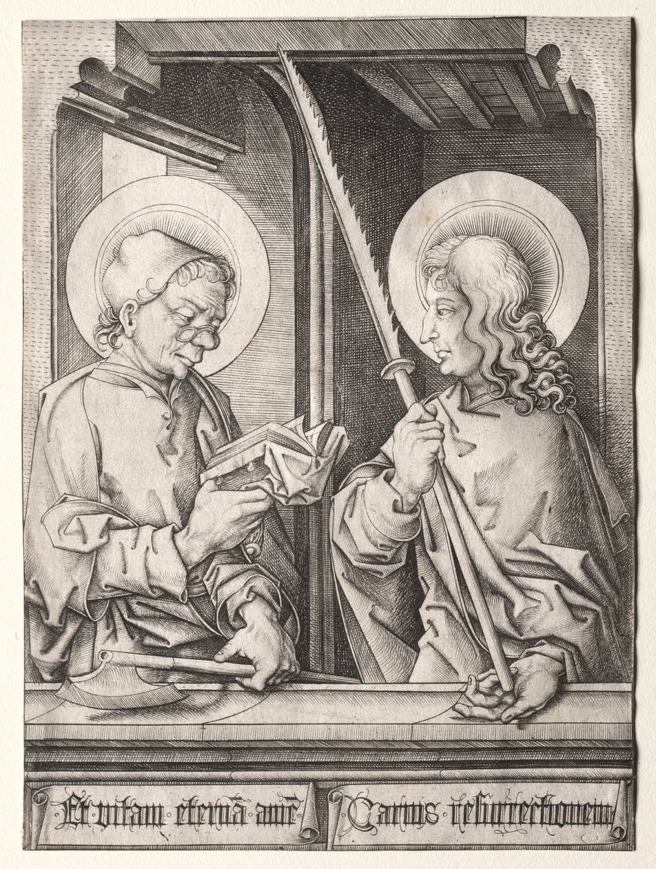 Kaksitoista apostolia goottiisissa ikkunoissa: St. Matthias ja St. Judas Thaddaeus. tekijältä Israhel van Meckenem