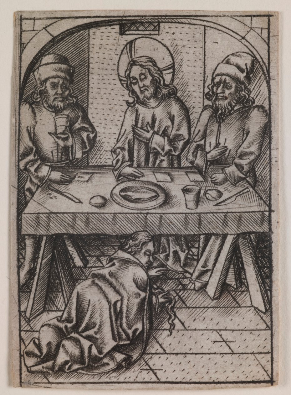 Magdalan Maria pesee Kristuksen jalkoja tekijältä Israhel van Meckenem the younger