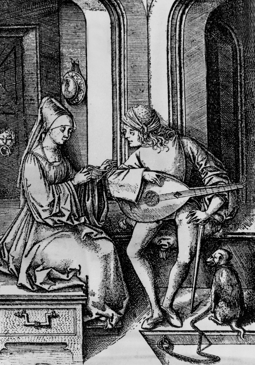 Nainen laulaa miehen soittaessa luuttua (kaiverrus) tekijältä Israhel van the younger Meckenem