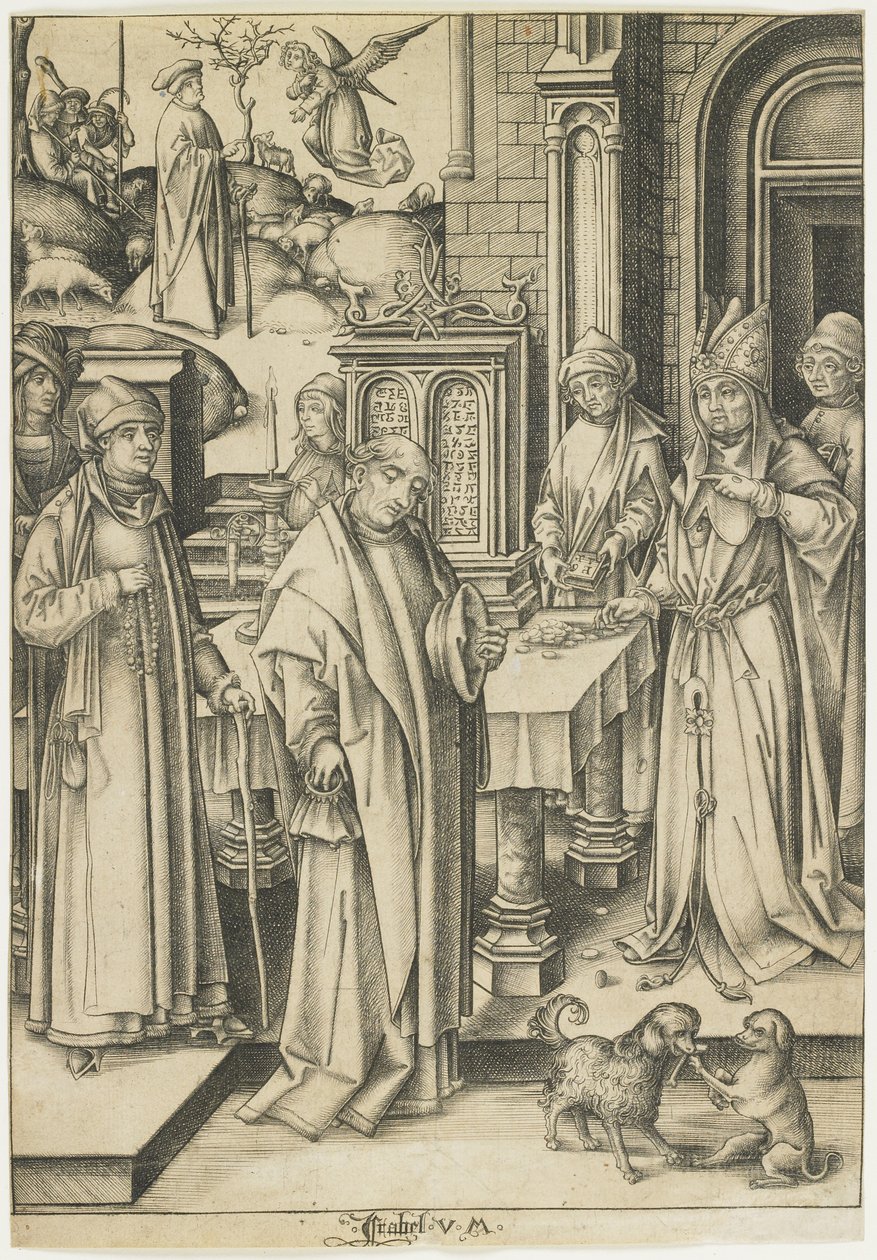 Ylipappi kieltäytyy Joakimin uhrista, n. 1490-1500 tekijältä Israhel van Meckenem the younger