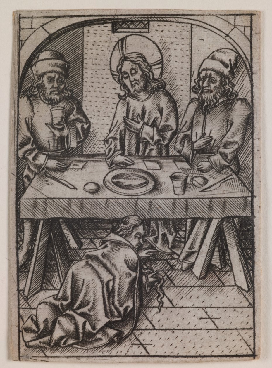Maria Magdaleena pesee Kristuksen jalat, noin 1500 (kaiverrus). tekijältä Israhel van the younger Meckenem