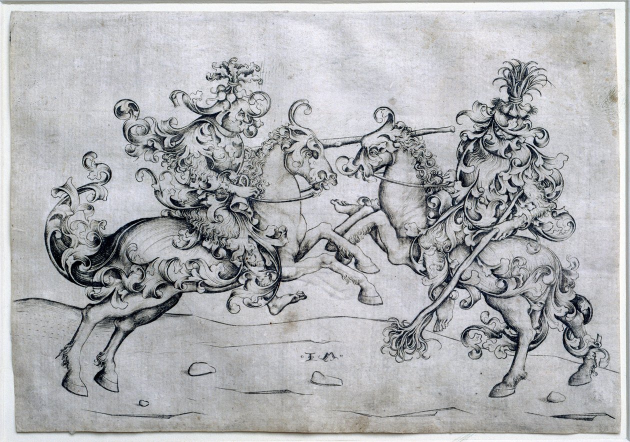 Kaksi ratsastajaa pelaa. Kahden miehen peli hevosen selässä. Piirros Israel Van Meckenem (n. 1440-1503). Louvren taidemuseo tekijältä Israhel van the younger Meckenem