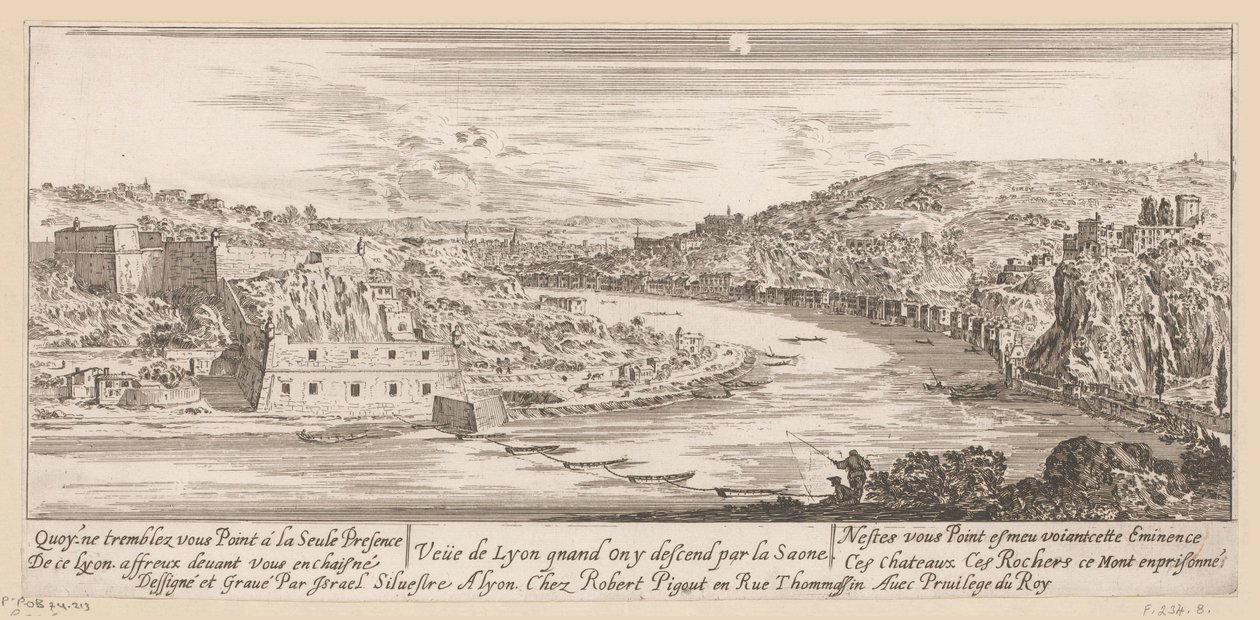Näkymä Lyoniin Saônen mutkassa Veue de Lyon quand on y descend par la Saone (otsikko esineessä) tekijältä Israël Silvestre