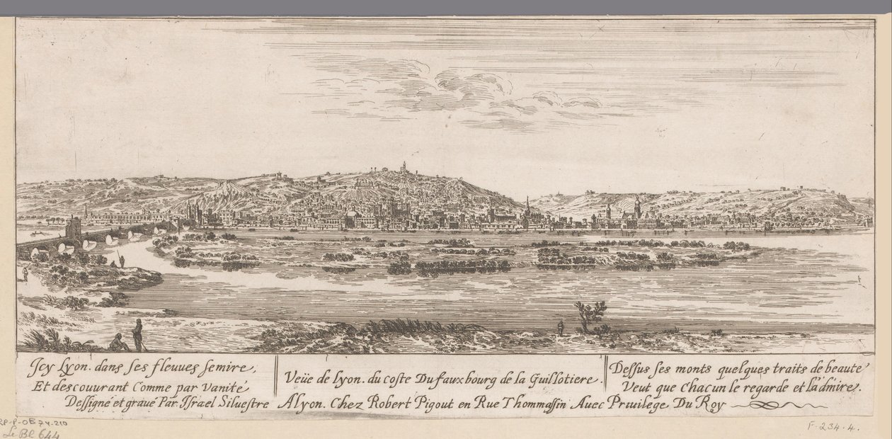 Näkymä Lyoniin ja Guillotièren esikaupunkiin Veue de Lyon du coste Du fauxbourg de la Guillotiere (otsikko esineessä) tekijältä Israël Silvestre