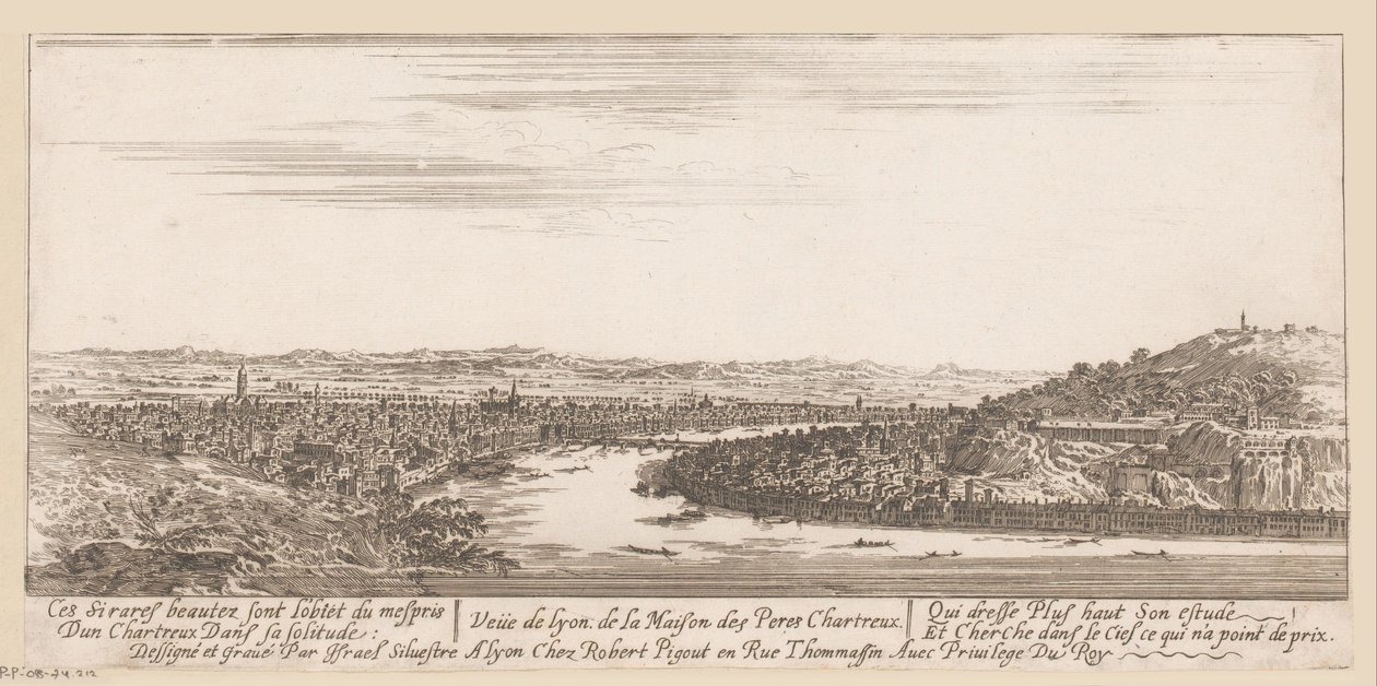 Näkymä Lyoniin kartausialaisesta luostarista Veue de Lyon de la Maison des Peres Chartreux (otsikko esineessä) tekijältä Israël Silvestre