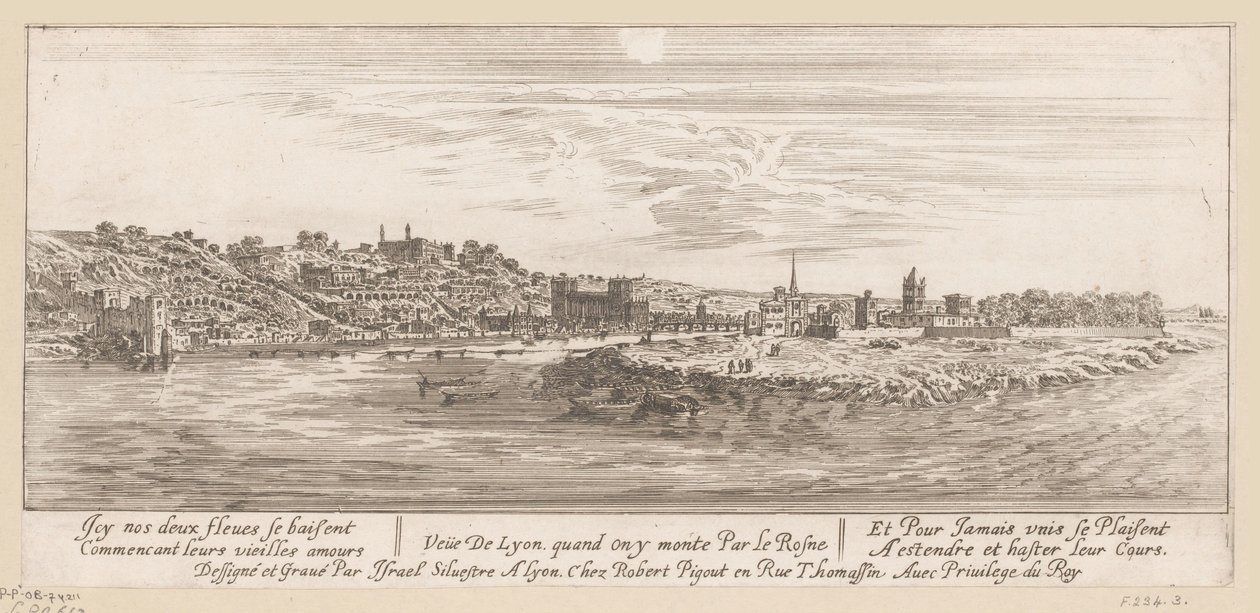 Näkymä Reiniltä Lyonissa Veue de Lyon quand on y monte par le Rosne (otsikko esineessä) tekijältä Israël Silvestre