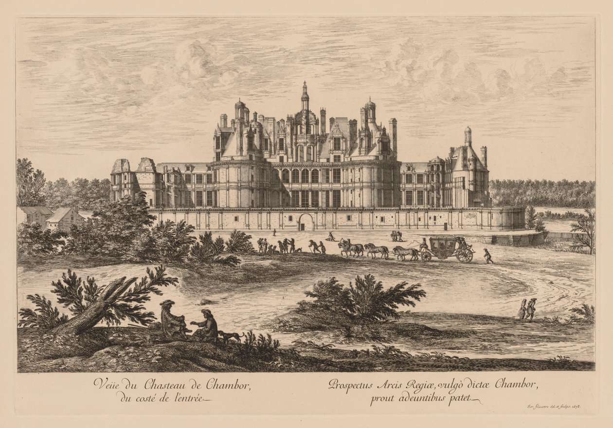 Näkymä Château de Chambordille sisäänkäynnin puolelta tekijältä Israël Silvestre
