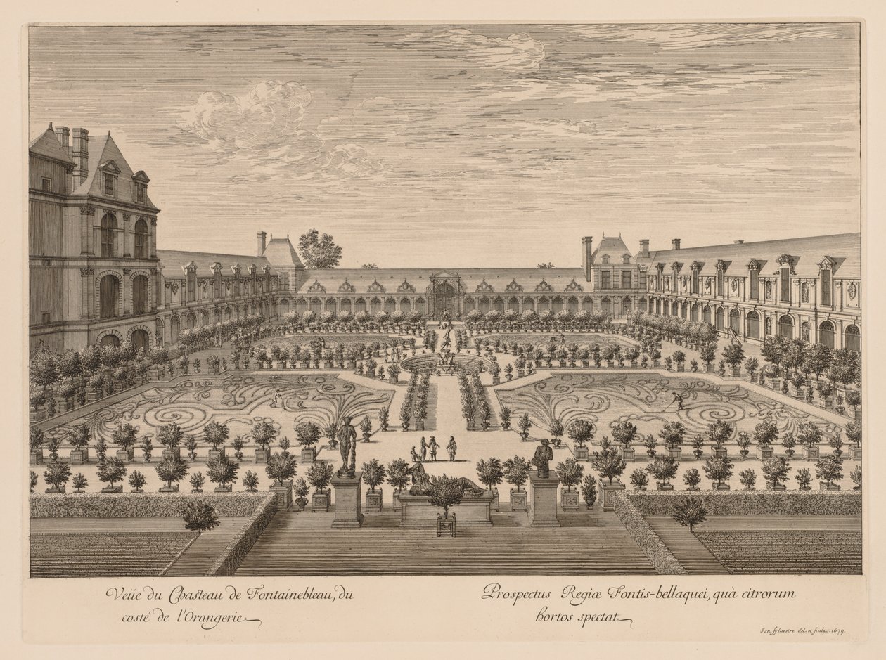 Näkymä Château de Fontainebleaulle Orangerien puolelta, 1679. tekijältä Israël Silvestre