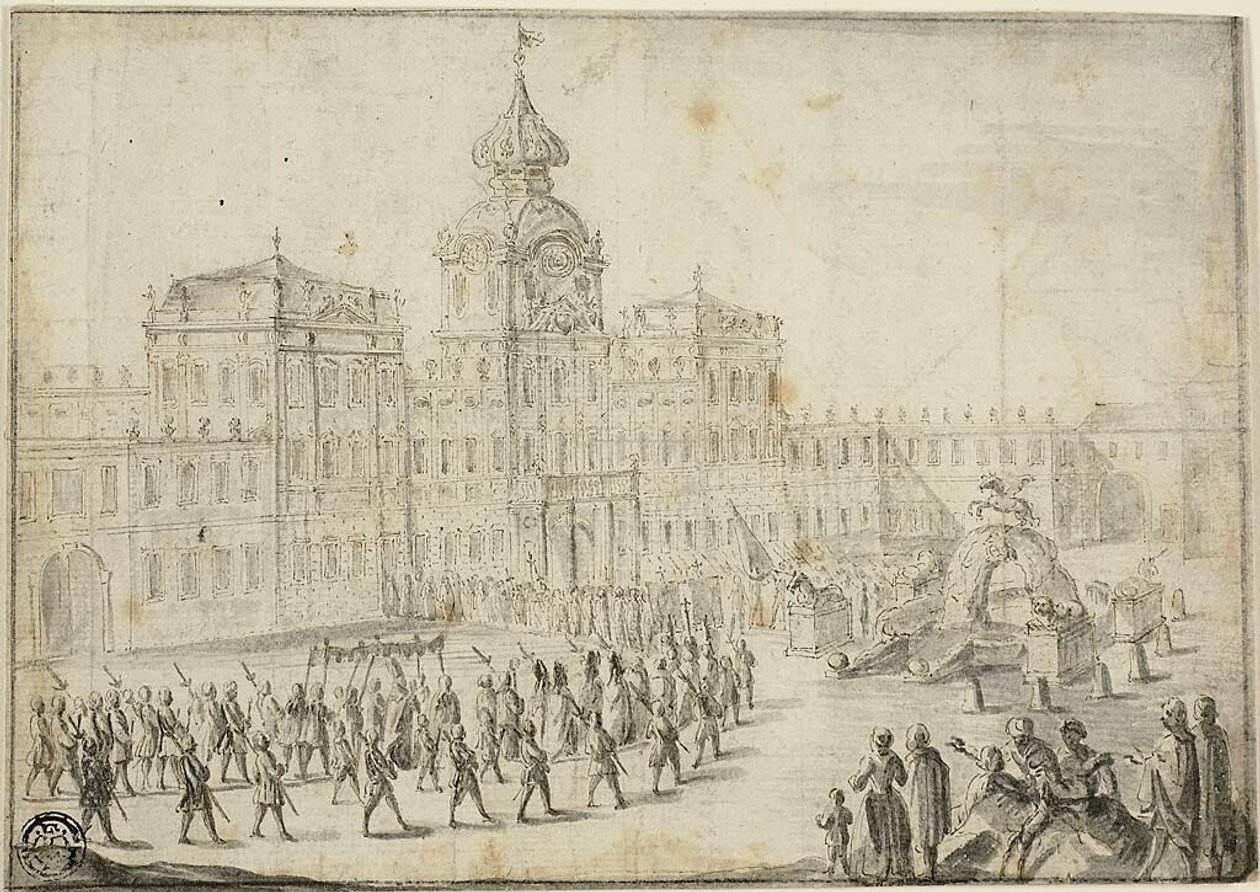 Uskonnollinen kulkue Schloss Mirabellissa, Salzburgissa tekijältä Israël Silvestre the Younger