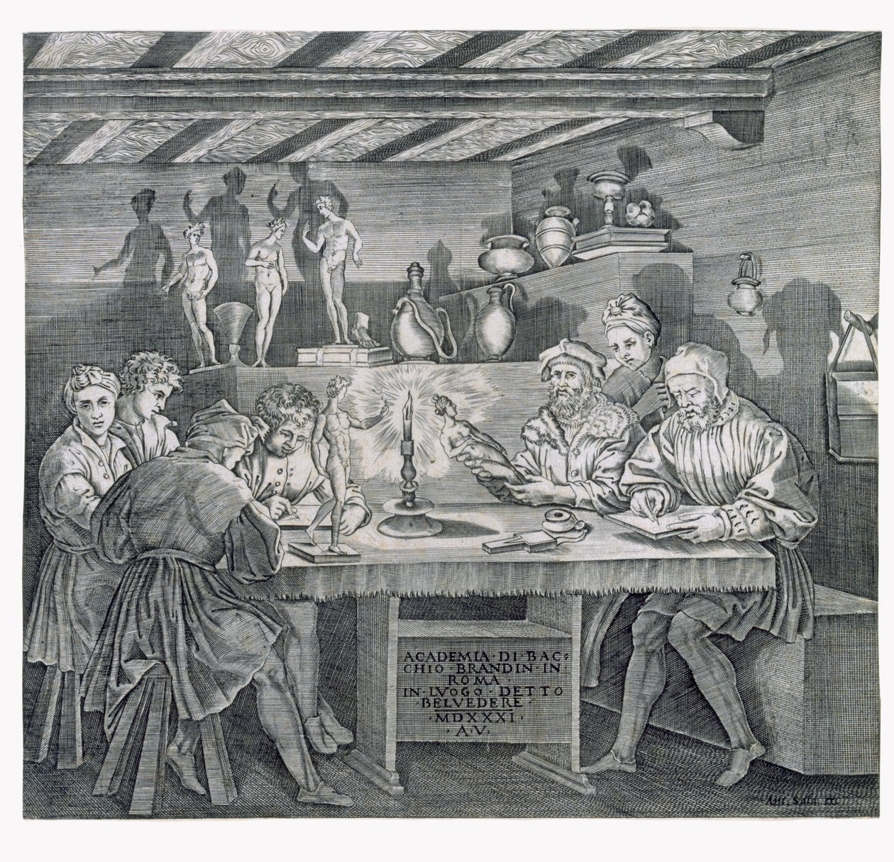 Baccio Bandinellin akatemia Belvederessä Roomassa vuonna 1531 tekijältä Italian School