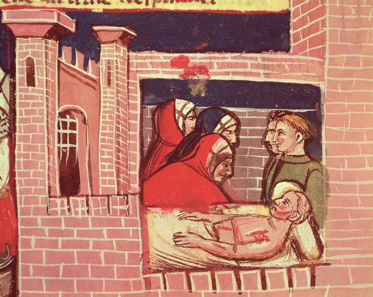 Loukkaantunutta miestä hoitamassa linnassa, Venetsian Codexista tekijältä Italian School