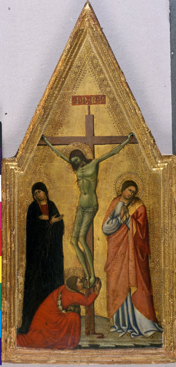Kristus ristillä Marian, Johanneksen ja Maria Magdaleenan kanssa (tempera puulla) tekijältä Italian School