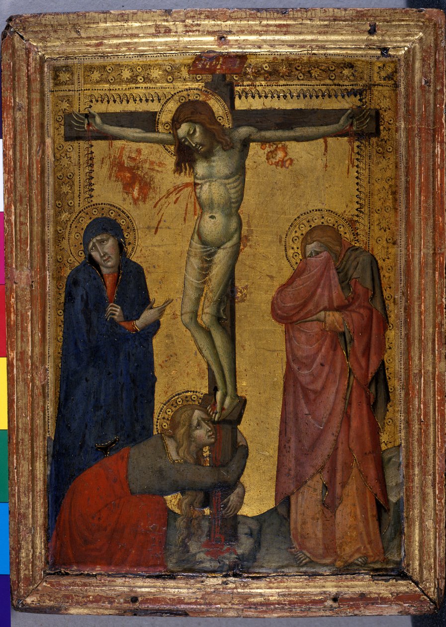 Kristus ristillä Marian, Johanneksen ja Maria Magdaleenan kanssa, n. 137080 (tempera puulla) tekijältä Italian School