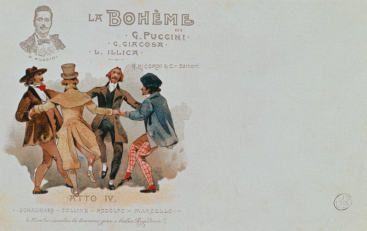 Giacomo Puccinin (1858-1924) muistopostikortti oopperasta "La Boheme" tekijältä Italian School