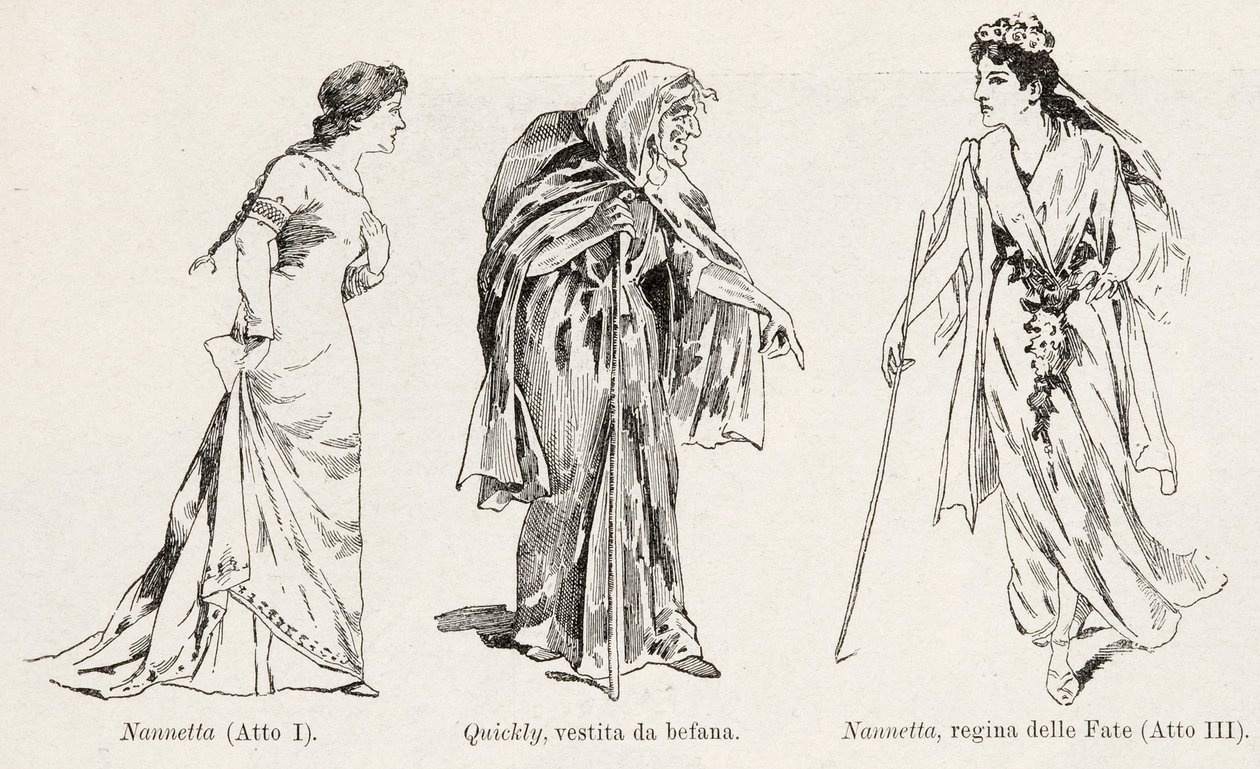 Puvut Verdin oopperasta Falstaff, LIllustrazione Italiana, XX, N. 8, 19. helmikuuta 1893 tekijältä Italian School