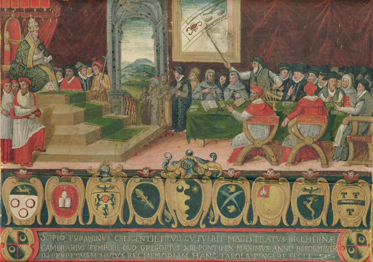 Keskustelu paavi Gregorius XIII:n (1502-85) kalenteriuudistuksesta, joka korvattiin gregoriaanisella kalenterilla, Rooma, 15. lokakuuta 1582 (ks. myös 102626). tekijältä Italian School
