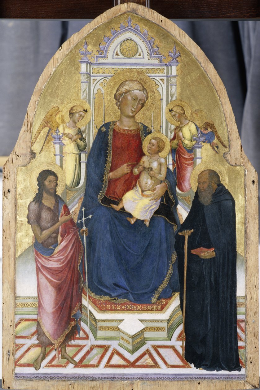 Valtaistuimella Madonna ja lapsi pyhien Johannes Kastajan ja Anthonyn kanssa, n. 1380-1390 (tempera mäntypuulla) tekijältä Italian School