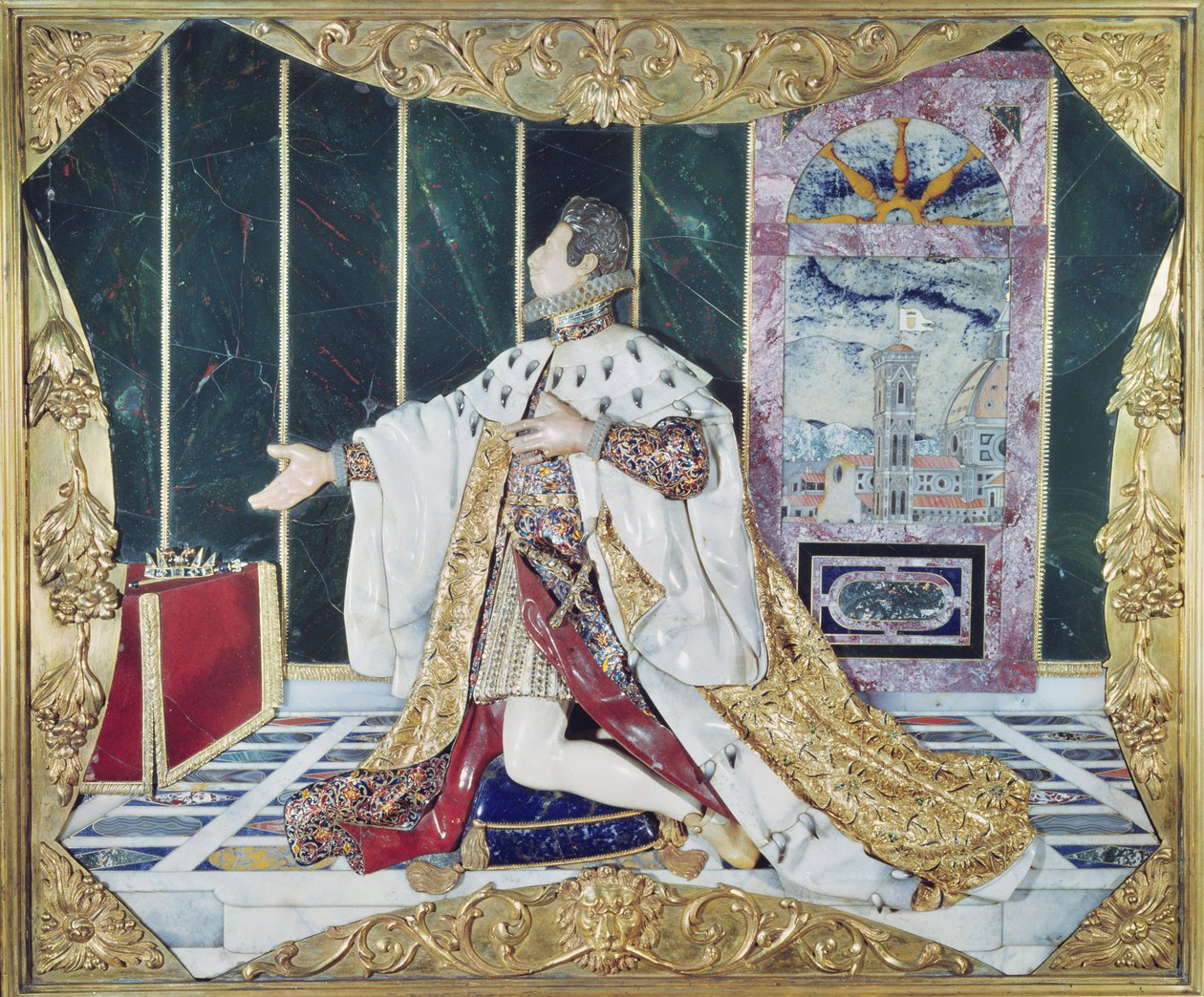 Ex-voto, 1617-24 (pietra dura, emali, jalokivet ja kullattu pronssikehys). tekijältä Italian School
