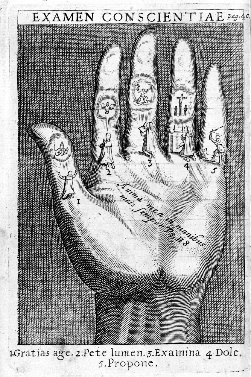 Examen Conscientiae, kuvitus St. Ignatius de Loyolan Exercitia Spiritualiasta, painettu vuonna 1689 tekijältä Italian School