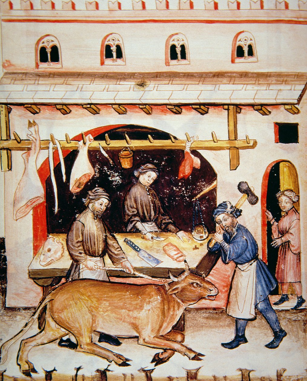 Fol.73v The Butchers: Vasikanliha, kuva Tacuinum Santiatis Codex Vindobonensis tekijältä Italian School