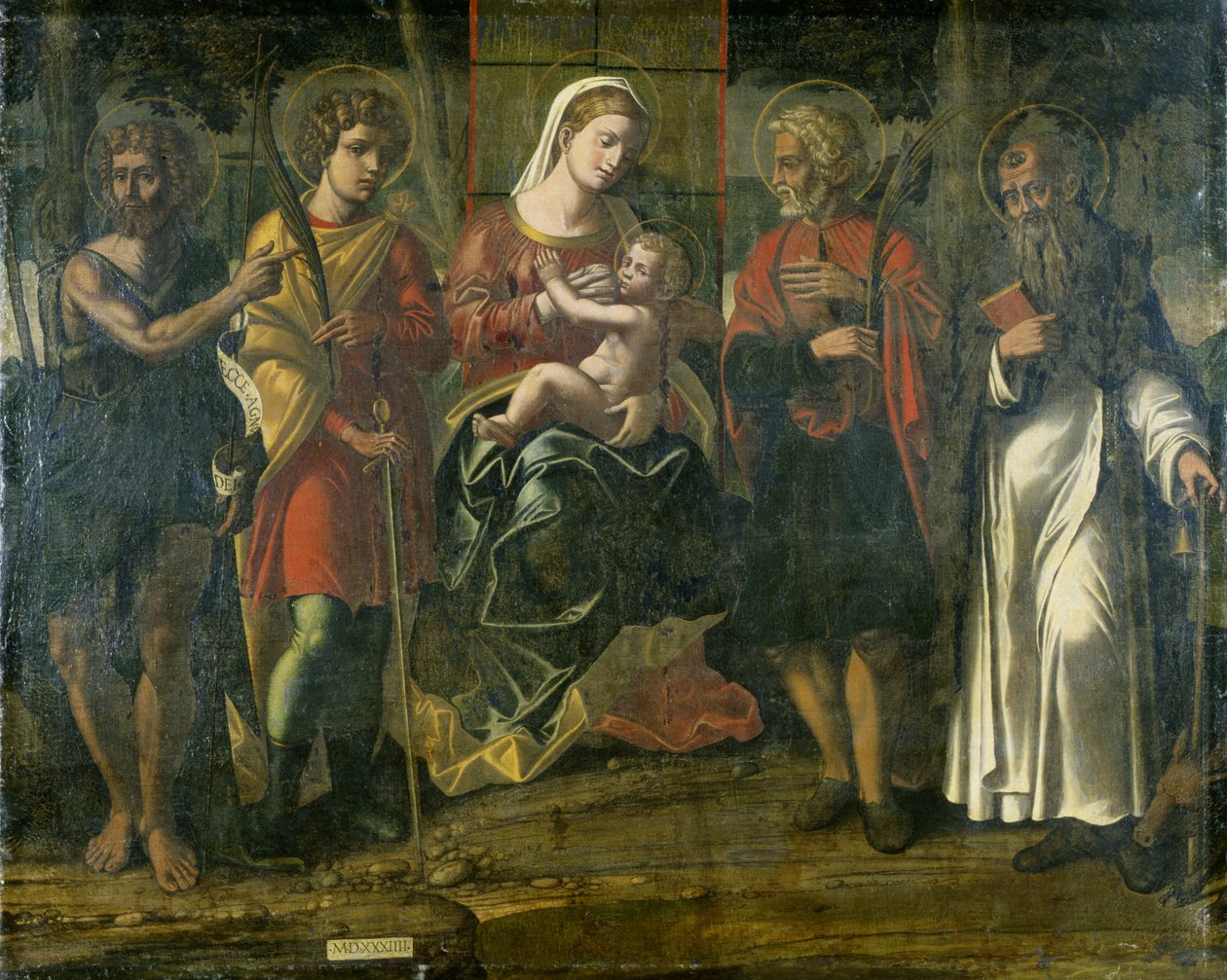 Madonna ja lapsi Johannes Kastajan, Anthonyn ja muiden pyhimysten kanssa, 1534 (tempera kankaalle) tekijältä Italian School