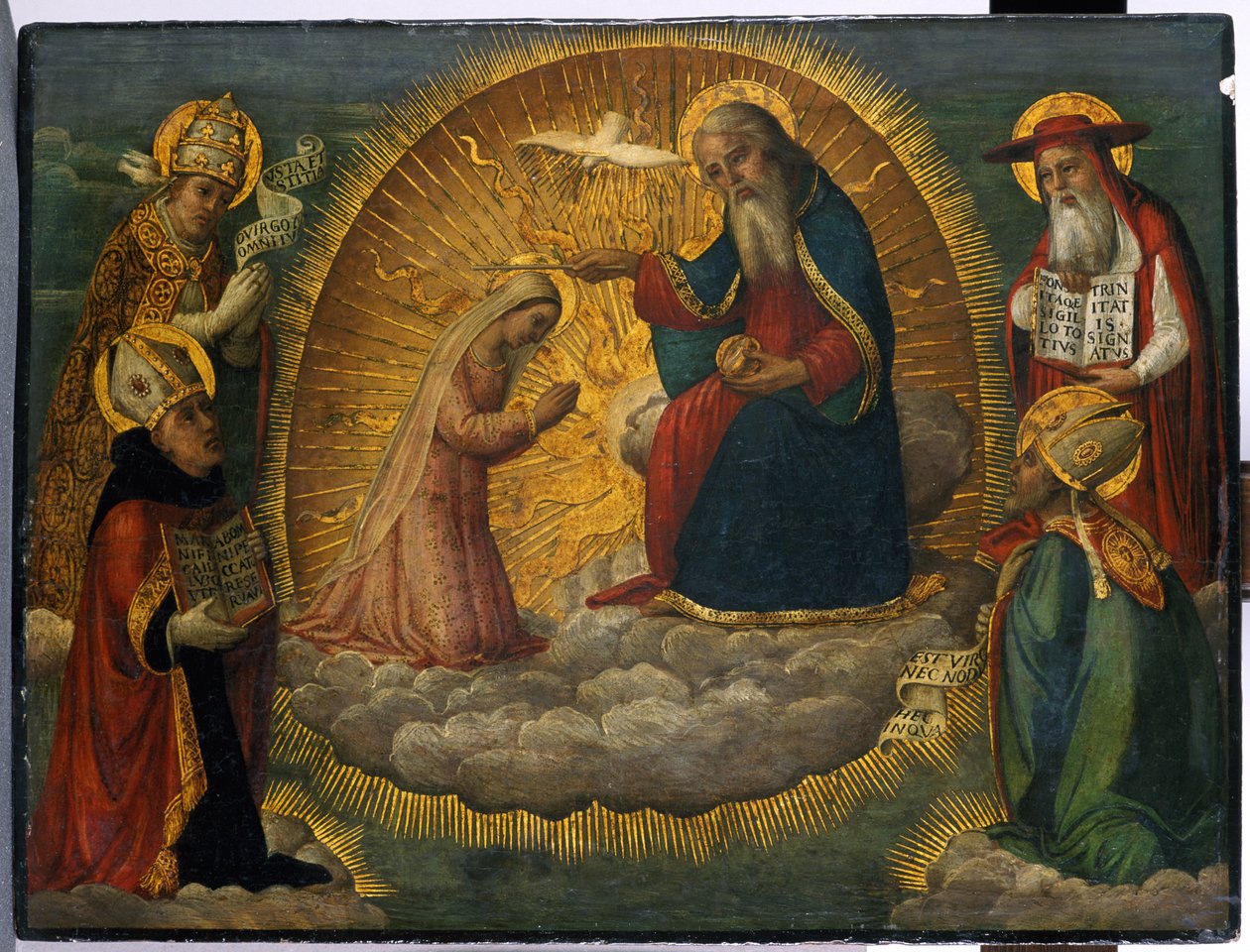 Maria Isän Jumala edessä, neljä kirkkoisää tarkkailemassa (tempera poppelipuulla) tekijältä Italian School