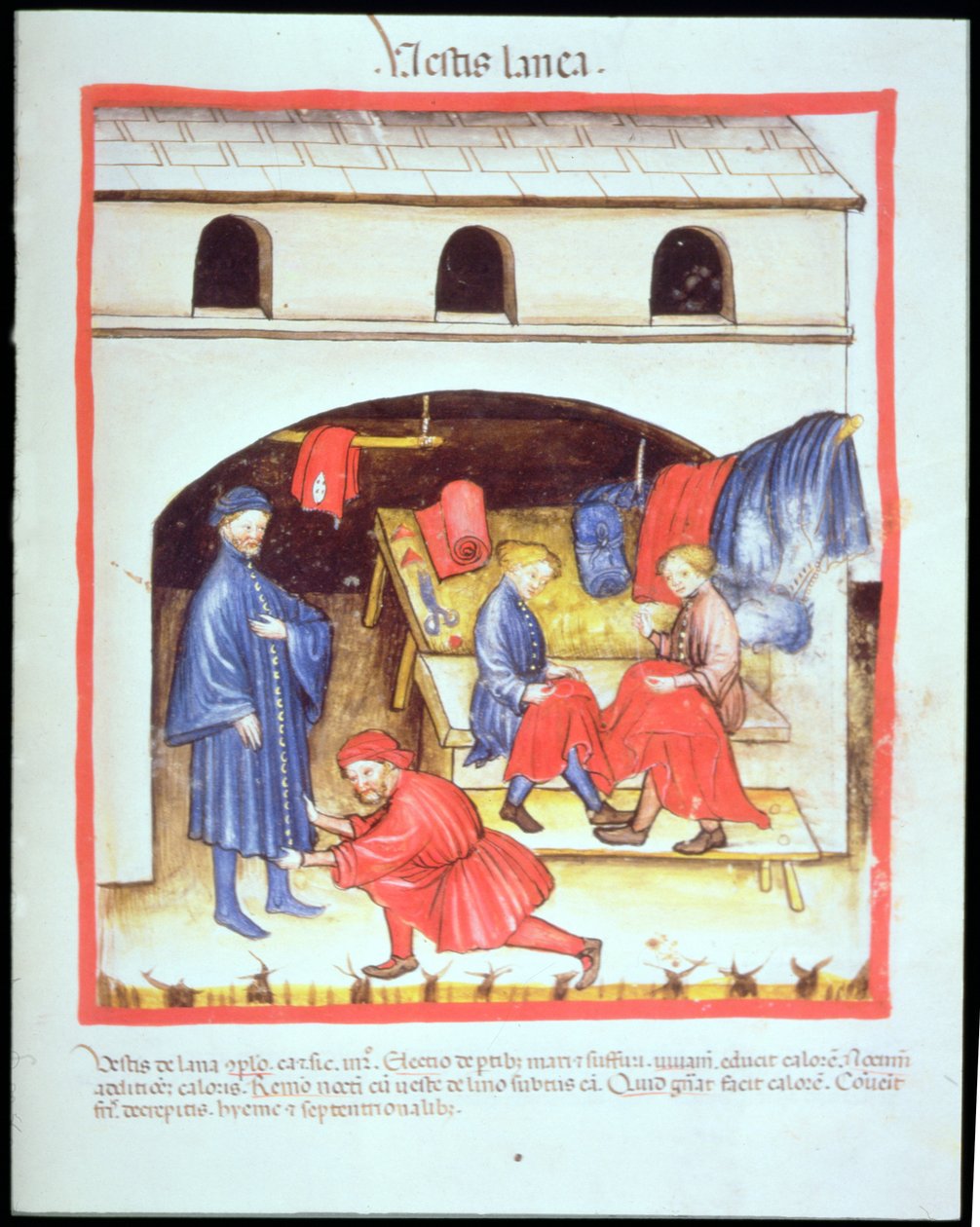 Nova 2644 fol.105r Räätälit: Villavaatteet, Tacuinum Sanitatis tekijältä Italian School
