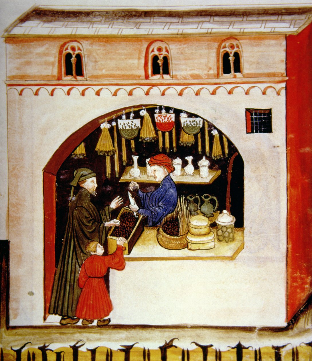 Nova 2644 fol.56r Kuivattujen viinirypäleiden myynti, Tacuinum Sanitatis tekijältä Italian School