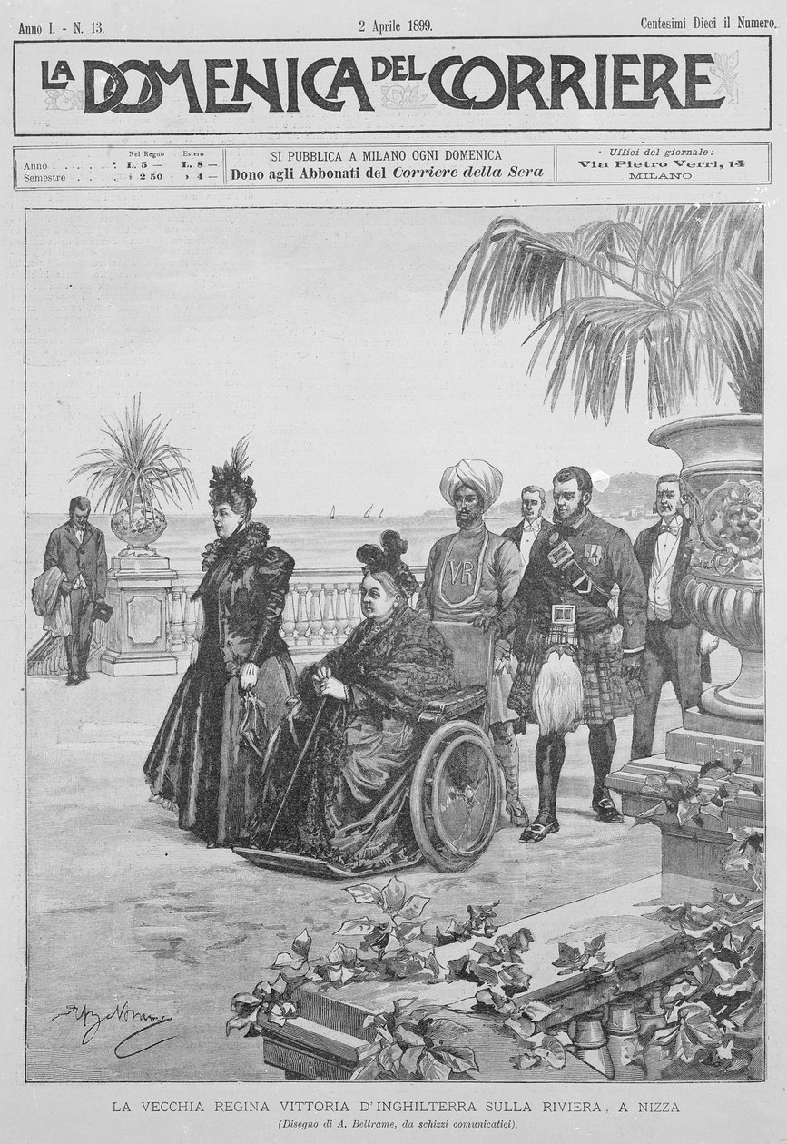 Kuningatar Victoria Italian Rivieralla, "La Domenica del Corrieren" etukansi, 2. huhtikuuta 1899 tekijältä Italian School