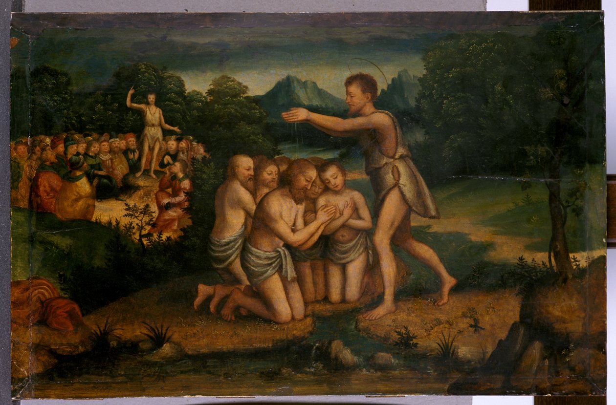 Pyhän Johanneksen saarnaaminen ja kastaminen (tempera puulla) tekijältä Italian School