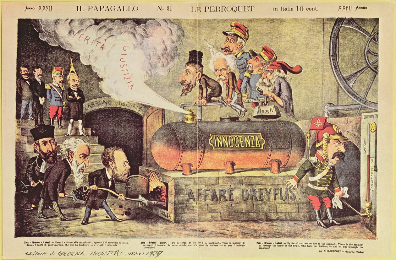 Dreyfusin tapaus, 22. joulukuuta 1894, italialainen satiirinen pilapiirros lehdestä "Le Perroquet" (Il Pappagallo), nro 31, elokuu 1899. tekijältä Italian School