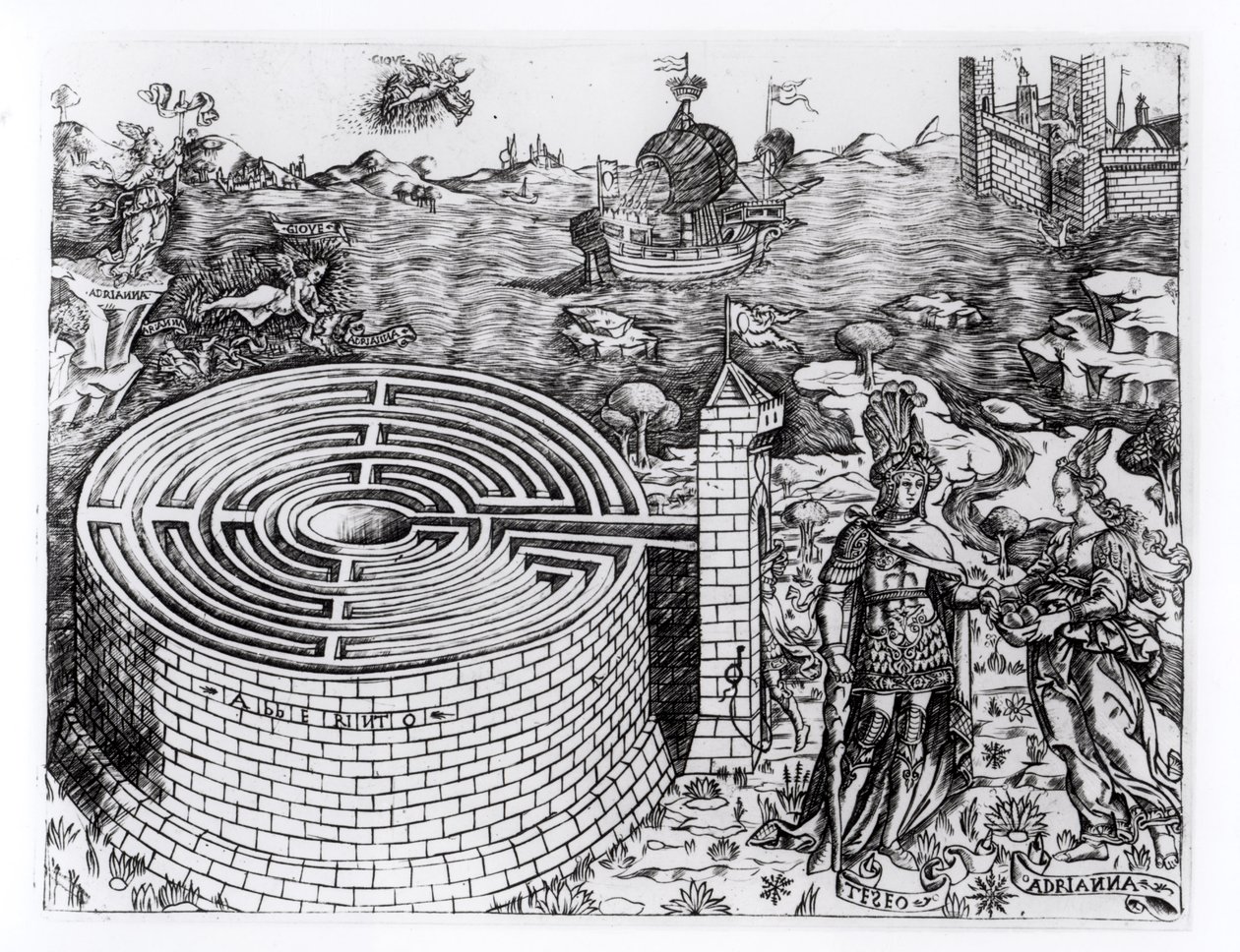 Legenda Theseuksesta ja yksityiskohta Kreetan labyrintistä. tekijältä Italian School