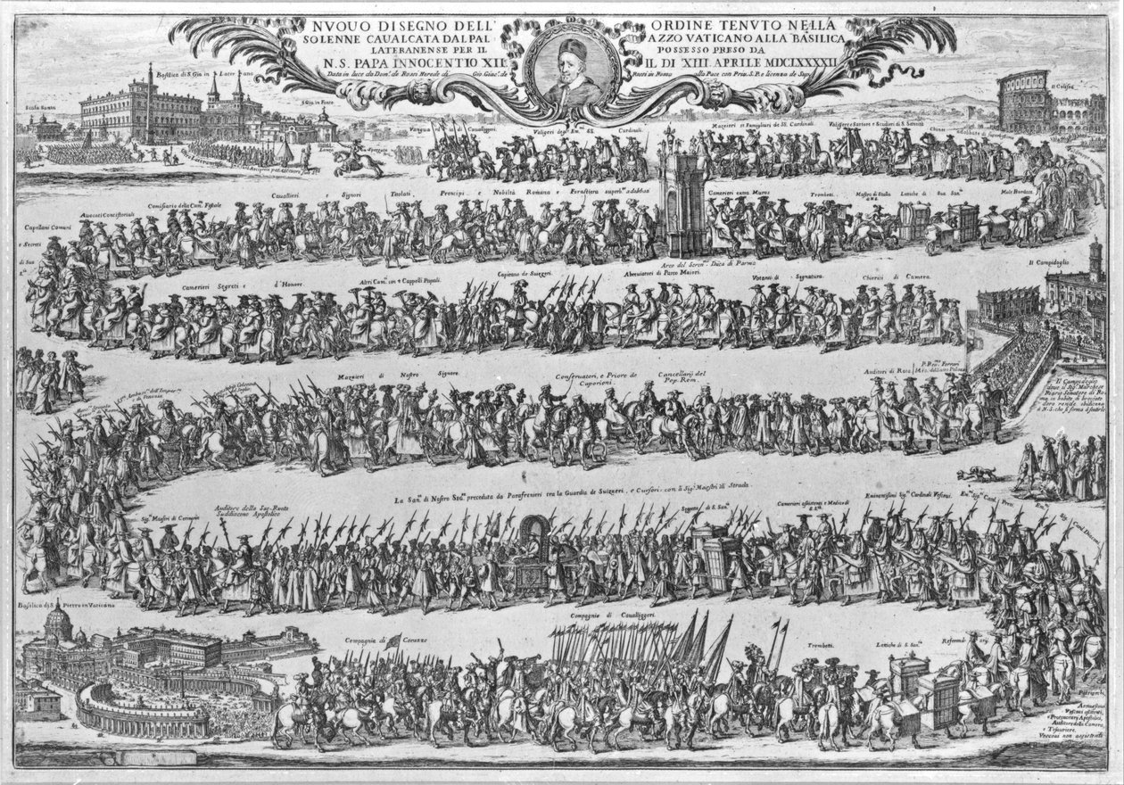 Paavi Innocentius XII:n kulkue Vatikaanista hänen ottaessaan virallisesti haltuunsa Pyhän Johanneksen, 1692 tekijältä Italian School