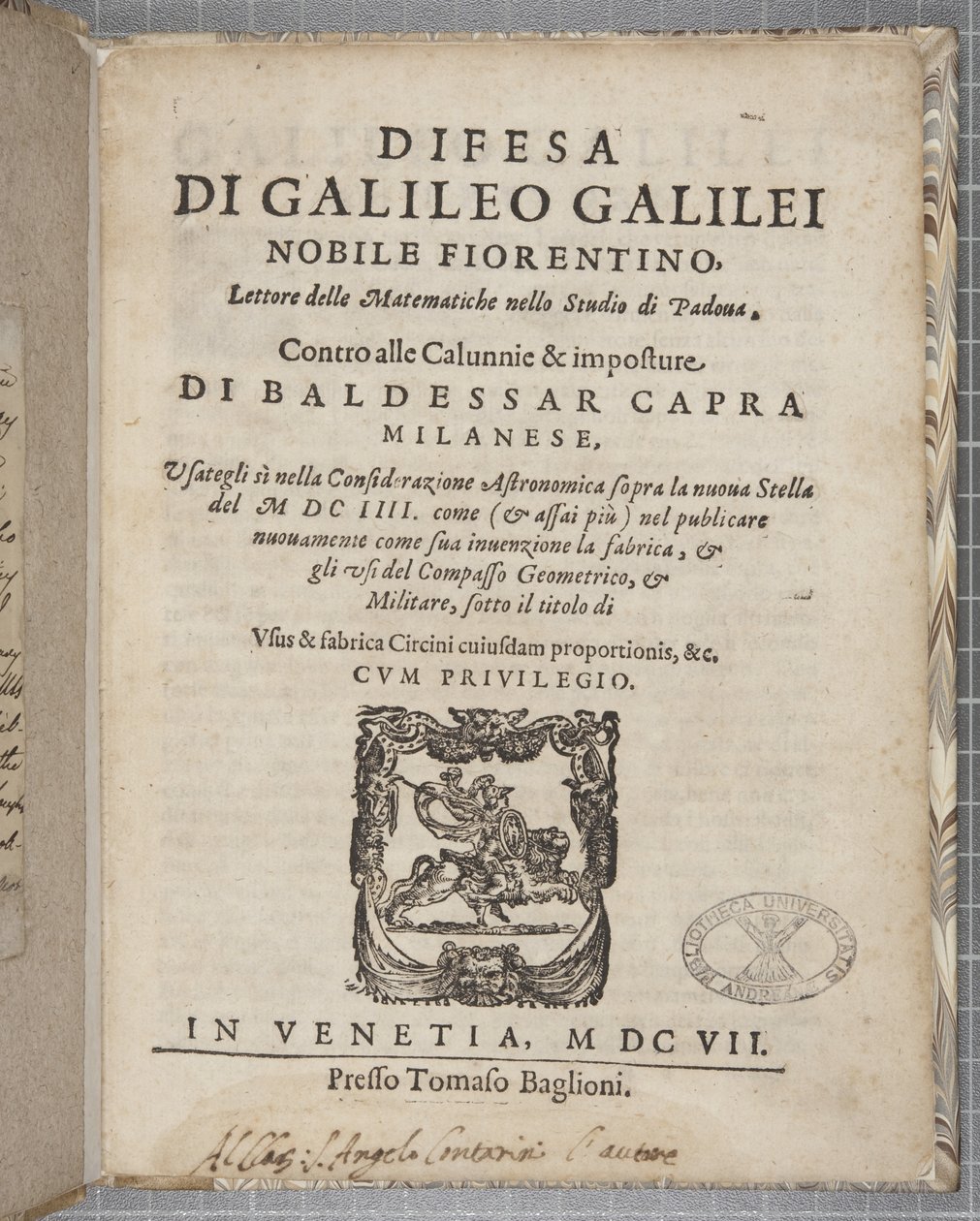 Difesan otsikkosivu, Galileo, 1607 tekijältä Italian School