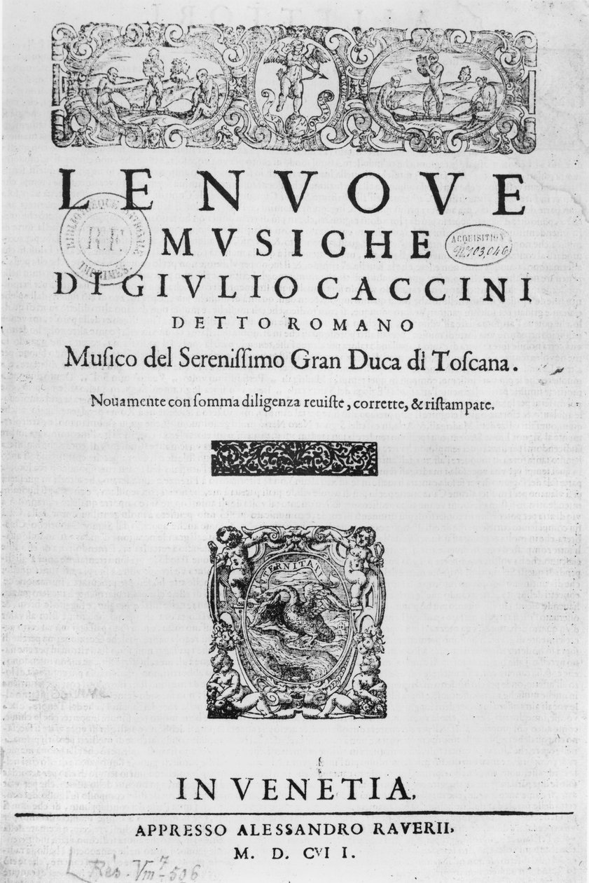 Giulio Caccinin (noin 1550-1615) "Nouve Musiche" -teoksen nimiölehti 1602. tekijältä Italian School