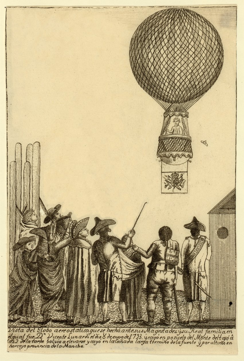 Näkymä kuumailmapallosta, joka tehtiin ennen heidän majesteettiaan ja heidän kuninkaallista perhettään, jossa oli Dn. Vicente Lunardi 8. tammikuuta 1793? pub. 1793 tekijältä Italian School