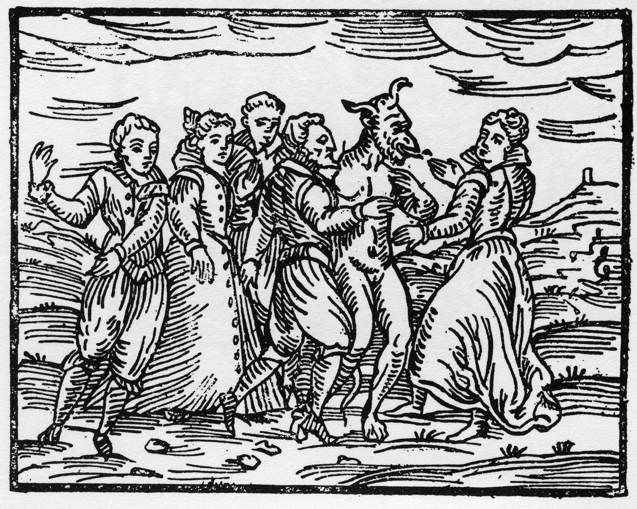 Noidat tanssivat paholaisen kanssa, kuvitus Francesco Maria Guazzon Compendium Maleficarumista, 1608 tekijältä Italian School