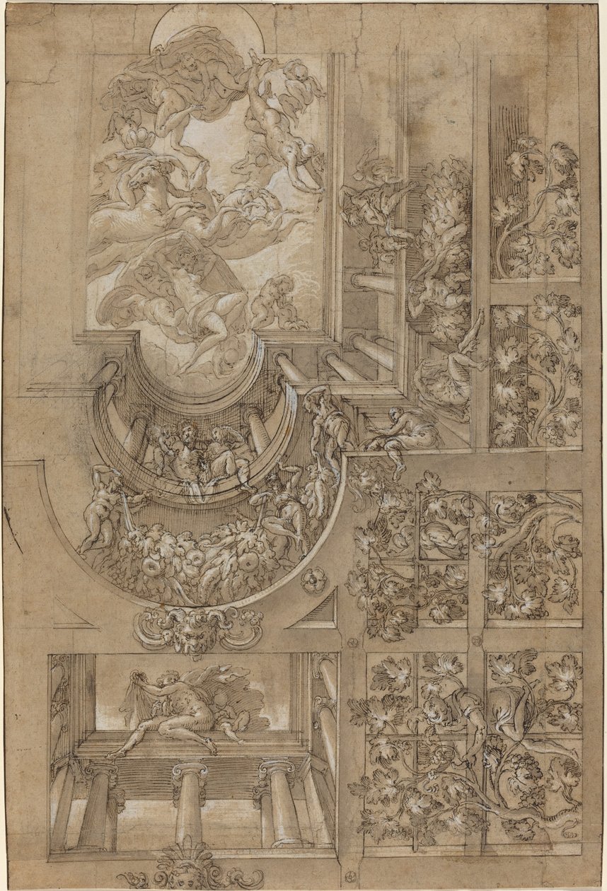 Illusionistinen katto, jossa on rypälelehti, gallerioissa seisovia hahmoja ja Olympian jumalien keskusnäkymä tekijältä Italian 16th Century