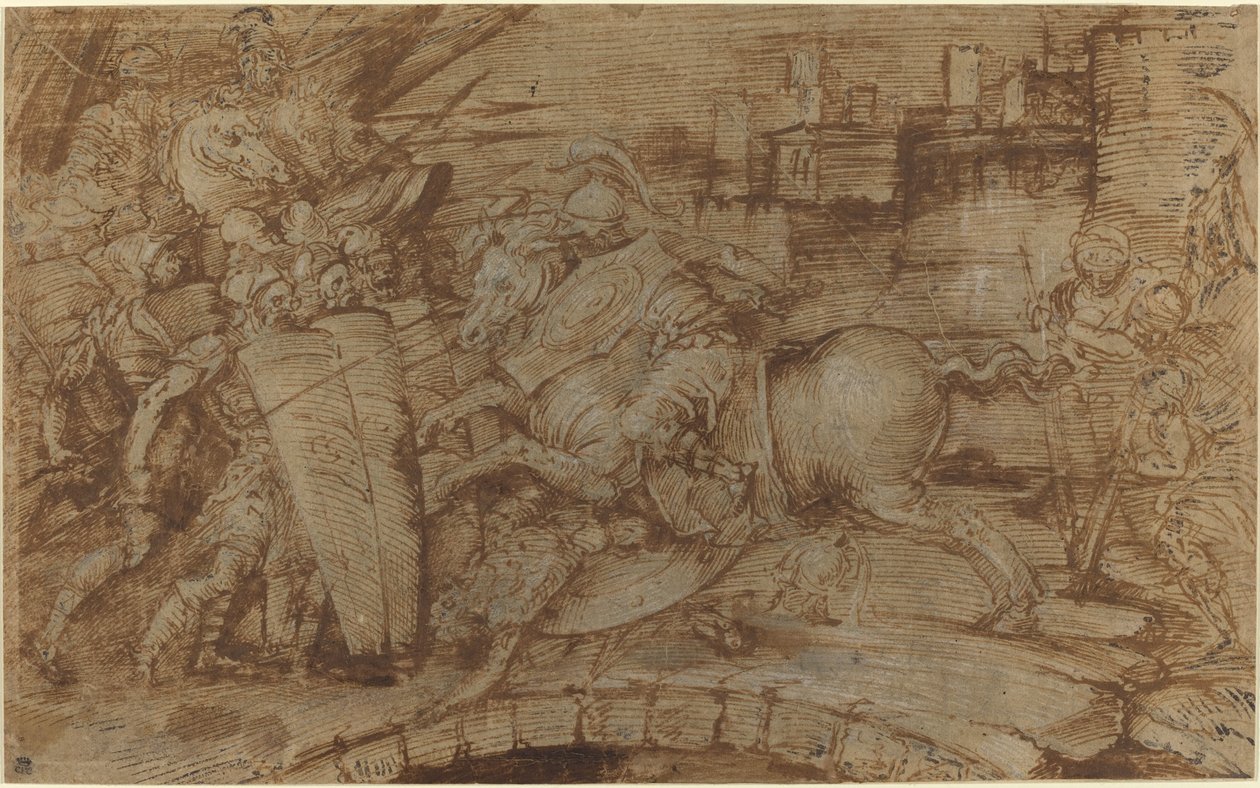 Horatius Cocles puolustamassa Roomaa tekijältä Italian 16th Century or Master of the Victoria and Albert Diableries