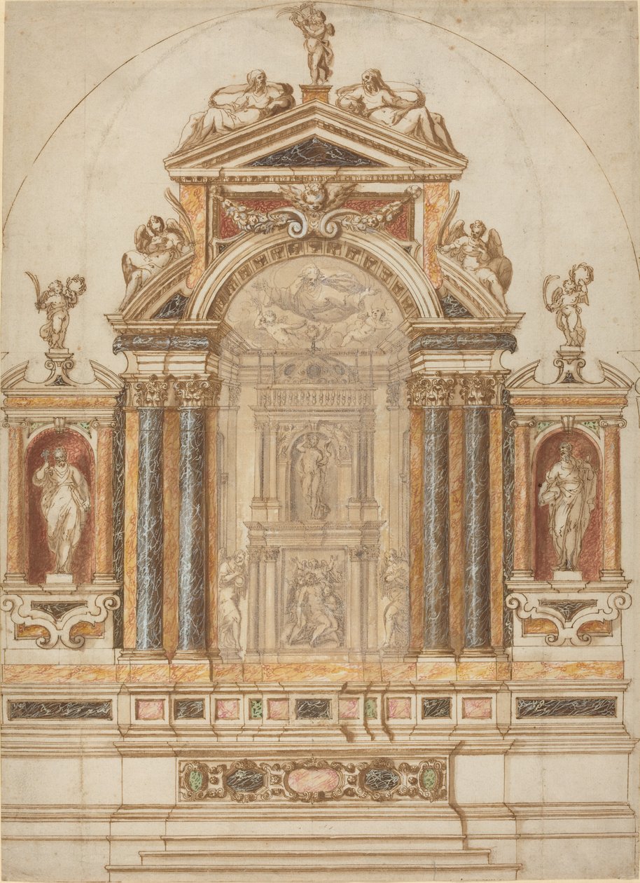 Taidokas värillinen marmorialttari, joka on koristeltu veistoksilla tekijältä Italian 17th Century