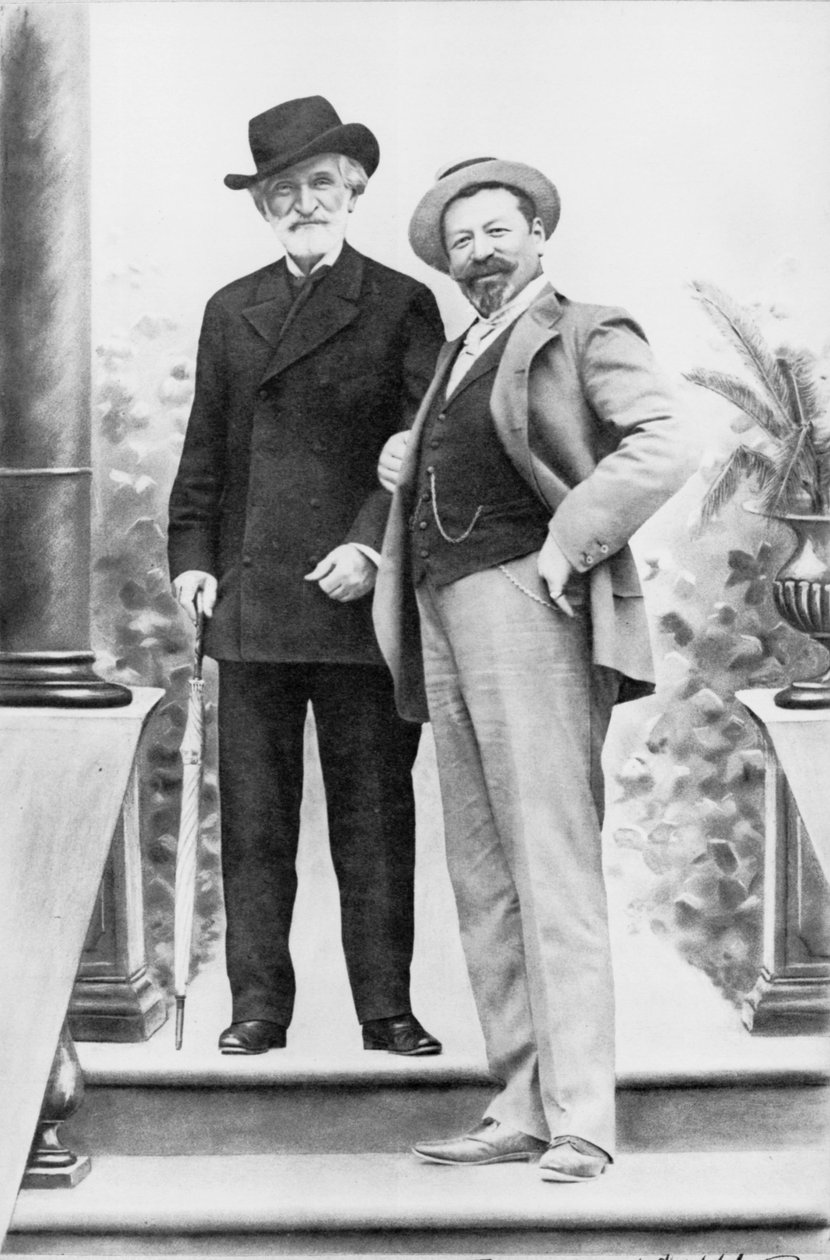 Giuseppe Verdi, italialainen säveltäjä (1813-1901) ja tenori Francesco Tamagno (1850-1905) Montecatinissa 1800-luvun lopulla. tekijältä Italian Photographer