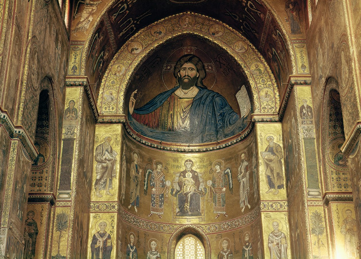 (TtoB) Christ Pantocrator; Neitsyt ja lapsi enkelien ja apostolien kanssa, pääapsista, 1100-1300-luku (mosaiikki) tekijältä Italian School