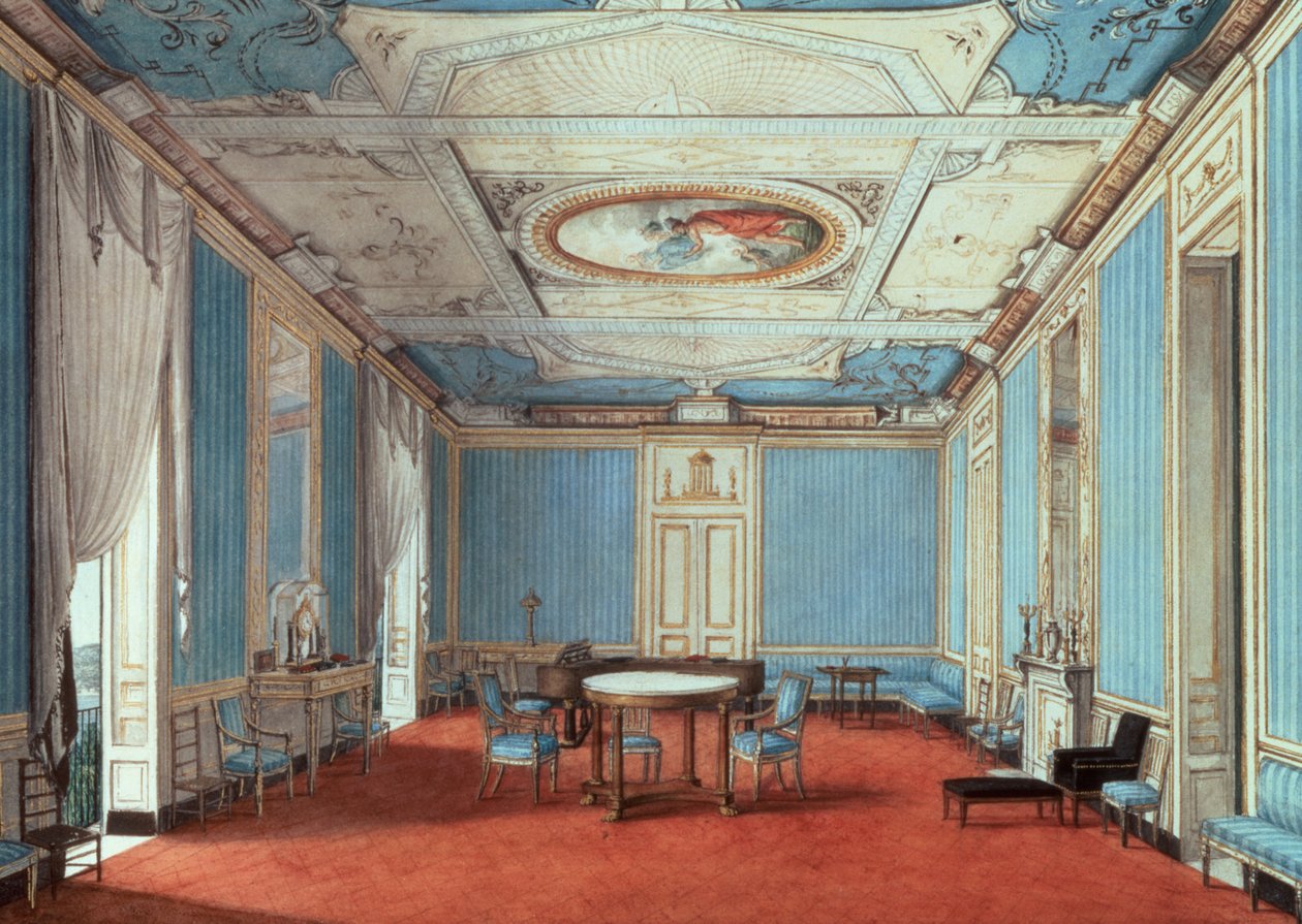 Drawing Room in a Palazzo, Napoli, n. 1810 (kynä ja akvarelli paperille) tekijältä Italian School