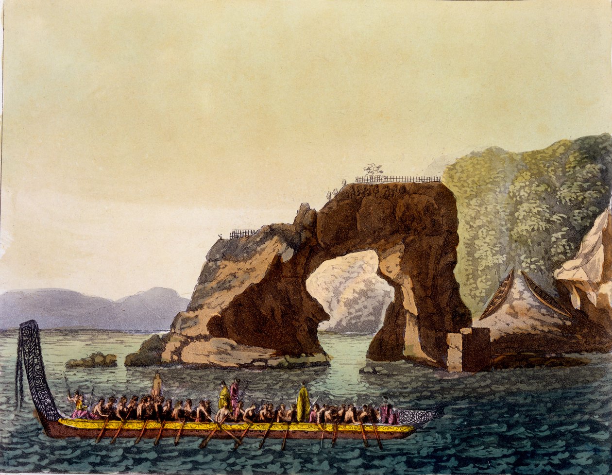 Maorien linnoitettu näköalapaikka Uudessa-Seelannissa yhdistettynä maorien sotakanoottiin, 1820-30-luku (käsinvärinen akvatinta) tekijältä Italian School