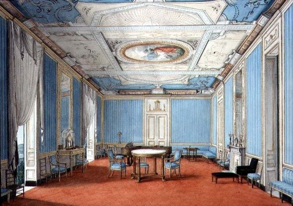 Uusklassinen uuspoliittinen palazzo-sisustus, n. 1830 (guassi ja akvarelli paperille) tekijältä Italian School