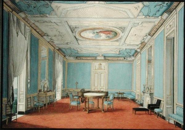 Uusklassinen palatsin sisustus Napolissa, n. 1830 (guassi ja akvarellikorostettu kullalla paperille) tekijältä Italian School