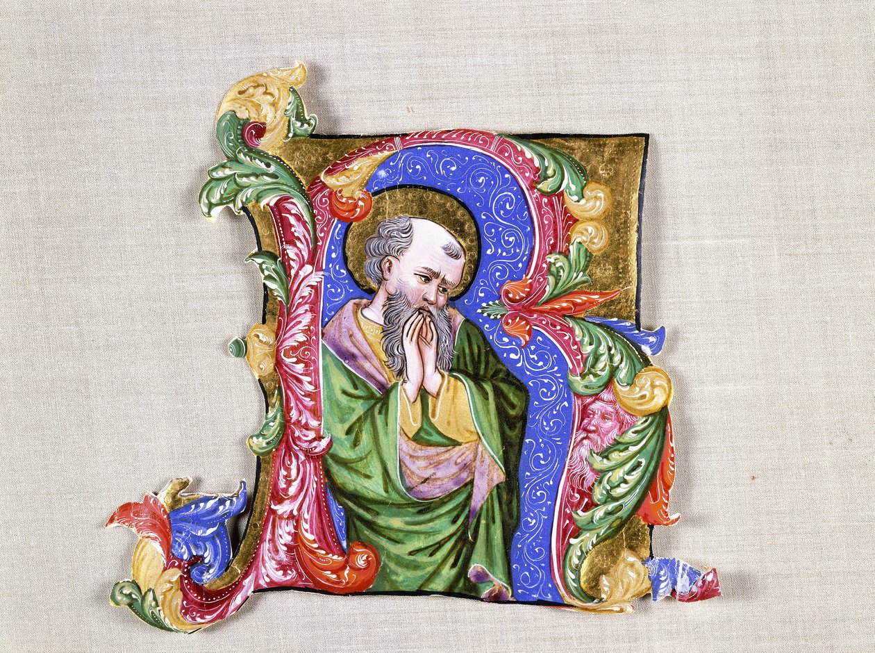 Rukoileva pyhimys, suuri historioitu alkukirjain R, n. 1400 (historiallinen alkukirjain, leikattu antifonaalista vellum) tekijältä Italian School