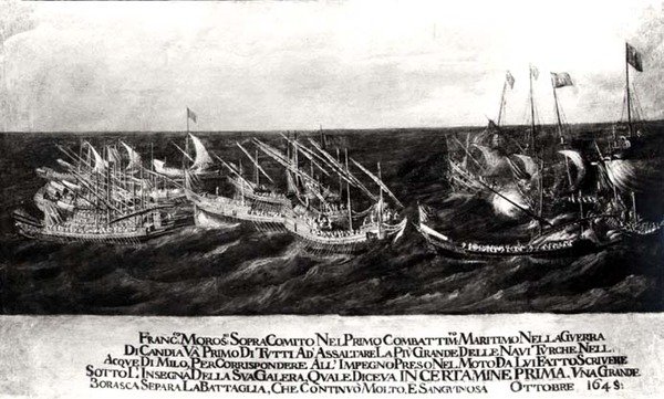 Meritaistelu Venetsian laivaston välillä kenraali Francesco Morosinin (1618-94) johtaman turkkilaisia vastaan Kreetan rannikolla, lokakuu 1645 (öljy kankaalle) (mustavalkoinen kuva) tekijältä Italian School
